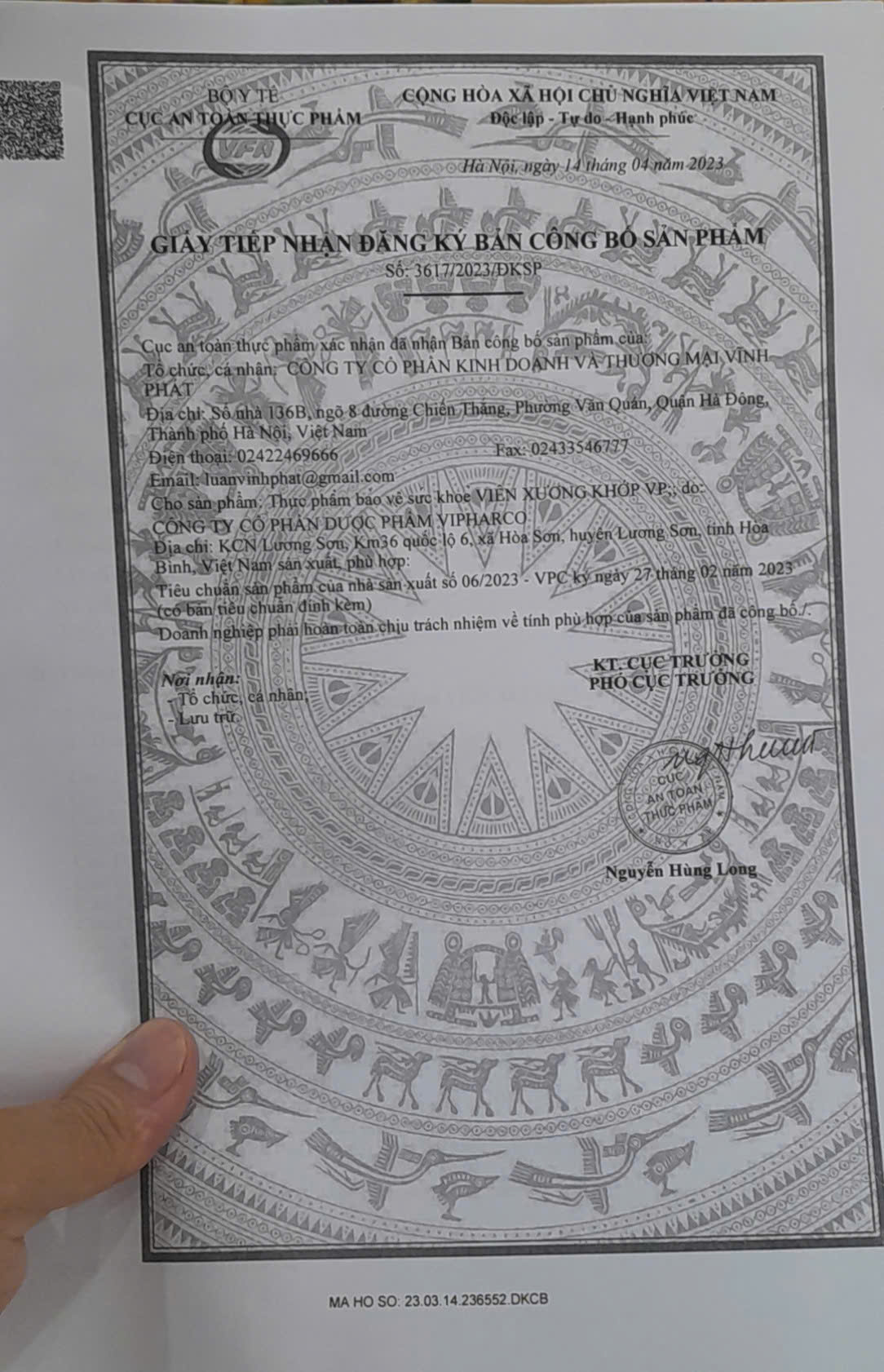 GIẤY TIẾP NHẬN BCBSP XƯƠNG KHỚP VIP